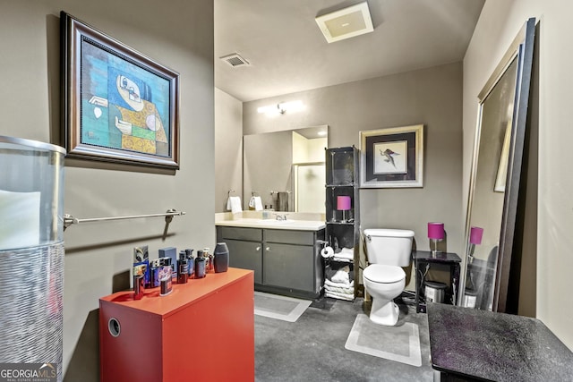 full bath featuring concrete flooring, vanity, toilet, visible vents, and a stall shower