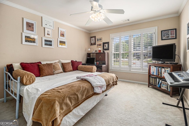 bedroom with baseboards, ornamental molding, carpet, and visible vents