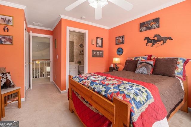 bedroom featuring visible vents, ornamental molding, baseboards, light colored carpet, and a ceiling fan