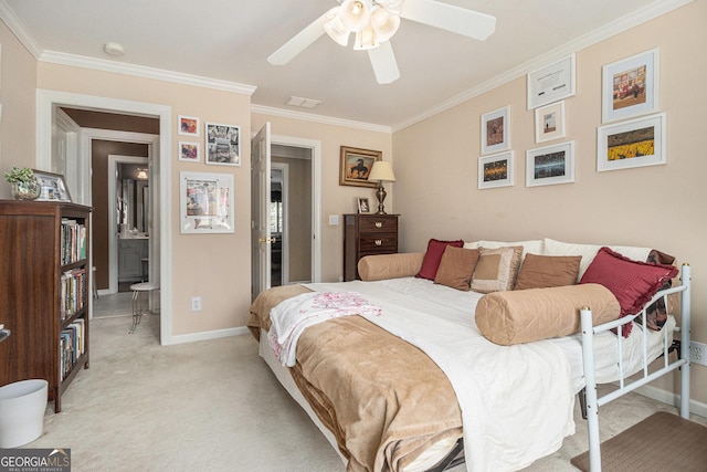 bedroom featuring baseboards, ornamental molding, light carpet, and visible vents