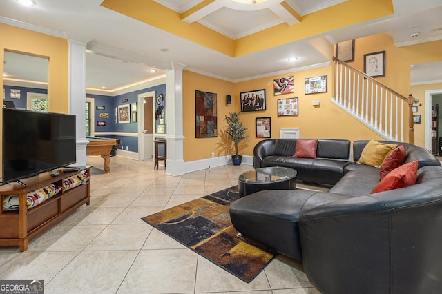 living room with crown molding, decorative columns, light tile patterned floors, and stairs