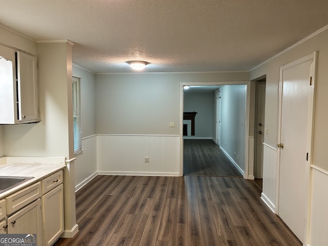 unfurnished dining area with crown molding, dark wood-type flooring, a fireplace with raised hearth, a textured ceiling, and a wainscoted wall