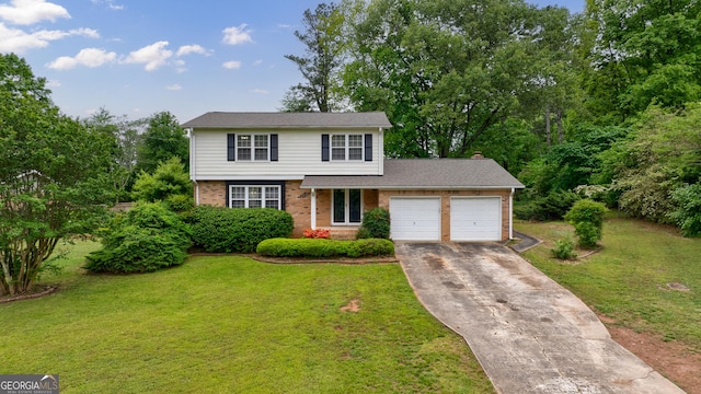 traditional-style house featuring a garage, concrete driveway, a front lawn, and brick siding