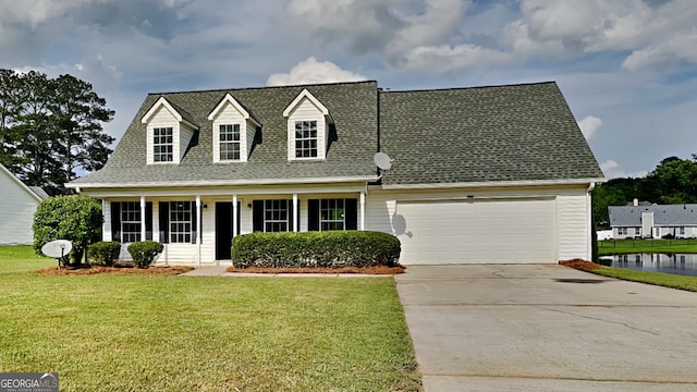 64 Dogwood Rdg, Hampton, GA 30228 - cape cod home featuring a garage, a front lawn, covered porch, roof with shingles, and driveway