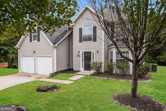 view of front of home with a garage, central air condition unit, concrete driveway, and a front lawn