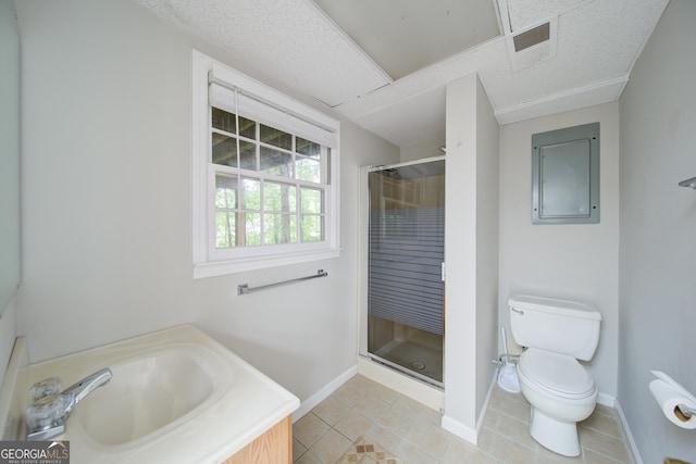 3480 Stillridge Dr, Alpharetta, GA 30022 - bathroom featuring electric panel, a stall shower, toilet, a sink, and baseboards