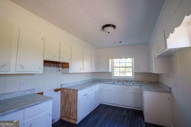 kitchen with white cabinets, a sink, a textured ceiling, dark wood finished floors, and visible vents