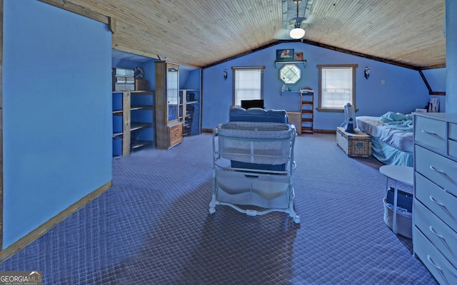 bonus room with carpet flooring, baseboards, vaulted ceiling, and wood ceiling