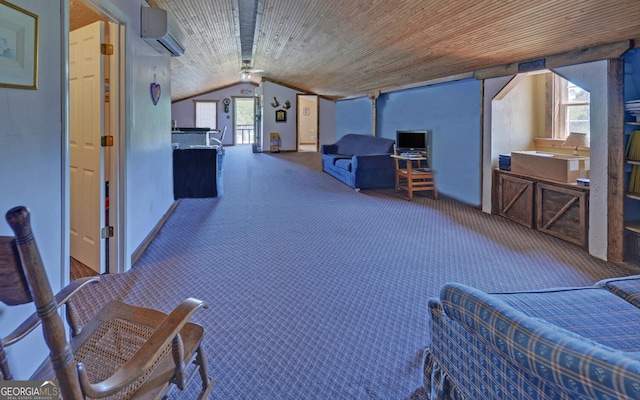 interior space featuring carpet floors, wood ceiling, a wall mounted air conditioner, and lofted ceiling
