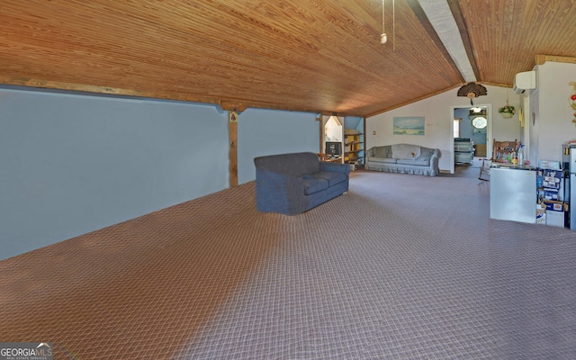 carpeted living room with a wall mounted AC, vaulted ceiling, and wooden ceiling