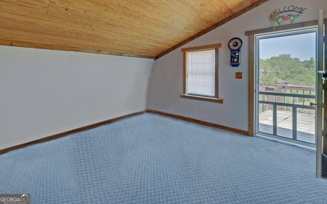 bonus room with carpet floors, baseboards, vaulted ceiling, and wood ceiling