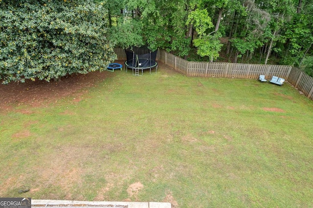 view of yard featuring a fenced backyard and a trampoline
