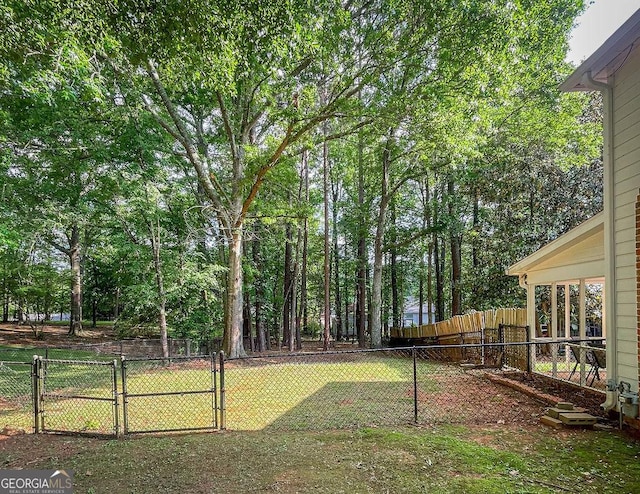 view of yard with a fenced backyard and a gate