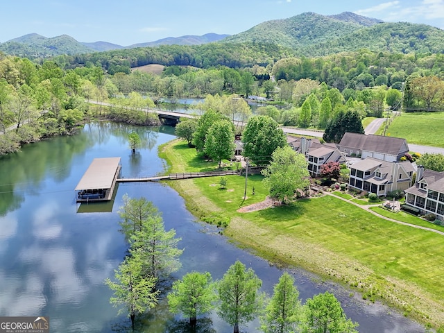 birds eye view of property featuring a view of trees and a water and mountain view