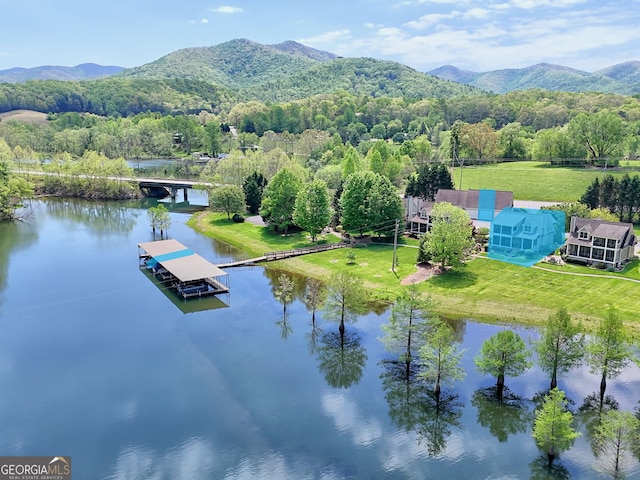 birds eye view of property with a view of trees and a water and mountain view