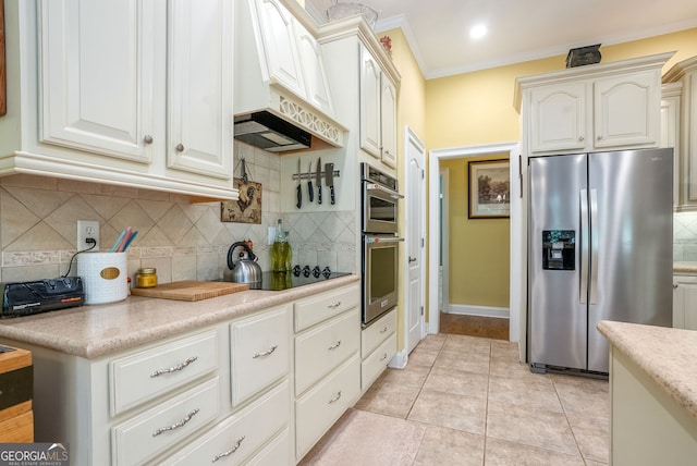 147 S Pine Cove Dr, Lagrange, GA 30240 - kitchen with stainless steel fridge with ice dispenser, premium range hood, crown molding, backsplash, and black electric cooktop