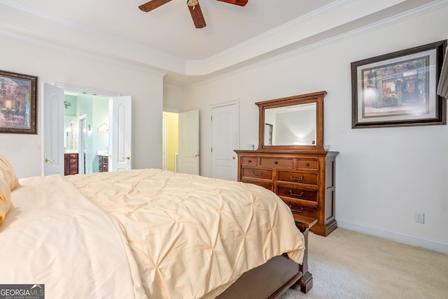 147 S Pine Cove Dr, Lagrange, GA 30240 - bedroom with light carpet, ornamental molding, connected bathroom, and a ceiling fan