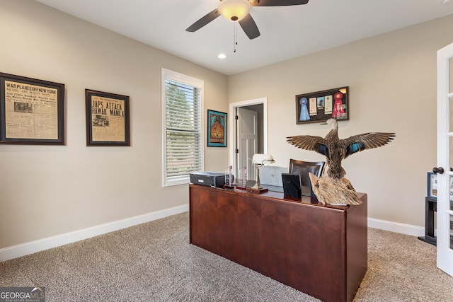 carpeted home office with baseboards, ceiling fan, and recessed lighting