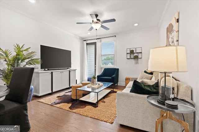 2669 Caruso Way, Atlanta, GA 30339 - living area with recessed lighting, ornamental molding, a ceiling fan, and wood finished floors