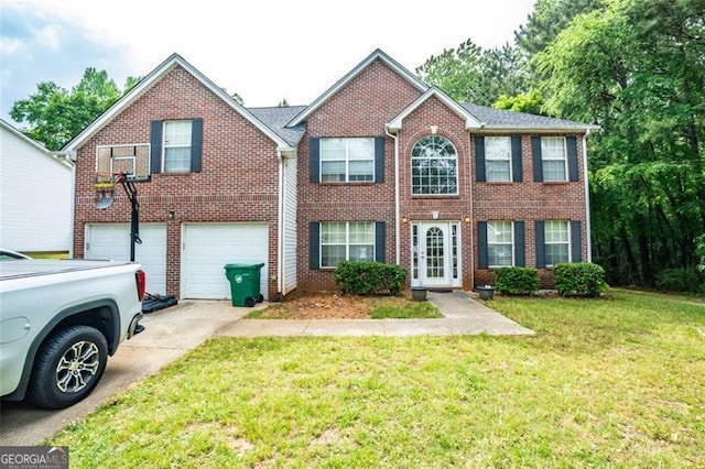 4041 Smithfield Trl, Ellenwood, GA 30294 - view of front of home featuring brick siding, a garage, a front lawn, and driveway