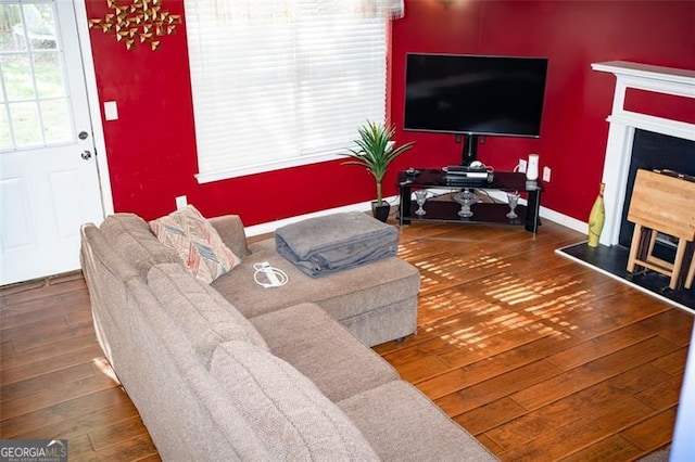 4041 Smithfield Trl, Ellenwood, GA 30294 - living area with wood-type flooring, a fireplace with raised hearth, and baseboards