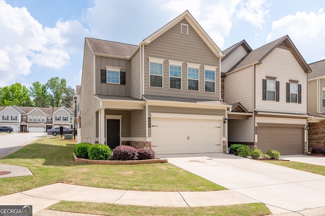406 Crescent Woode Dr, Dallas, GA 30157 - view of front of home with board and batten siding, a front lawn, concrete driveway, an attached garage, and stone siding