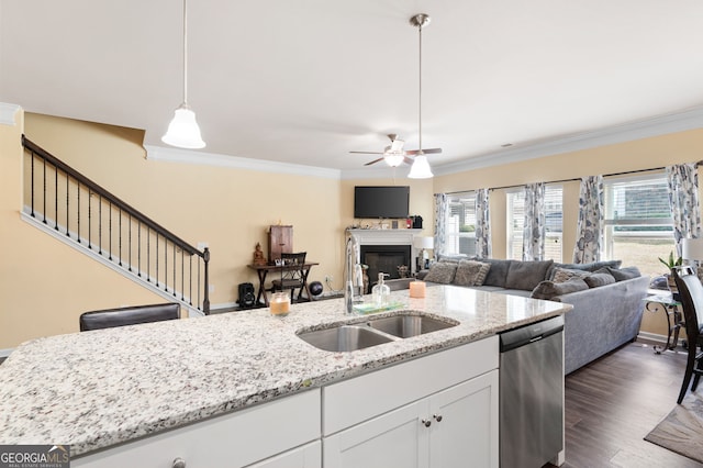 406 Crescent Woode Dr, Dallas, GA 30157 - kitchen with ceiling fan, a sink, a fireplace, dishwasher, and ornamental molding