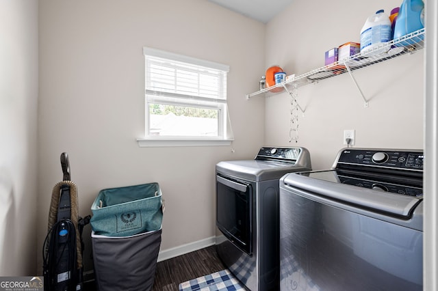 406 Crescent Woode Dr, Dallas, GA 30157 - laundry area with baseboards, laundry area, wood finished floors, and washing machine and clothes dryer
