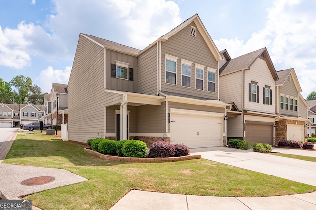 406 Crescent Woode Dr, Dallas, GA 30157 - view of front of house featuring board and batten siding, a front yard, a residential view, a garage, and concrete driveway
