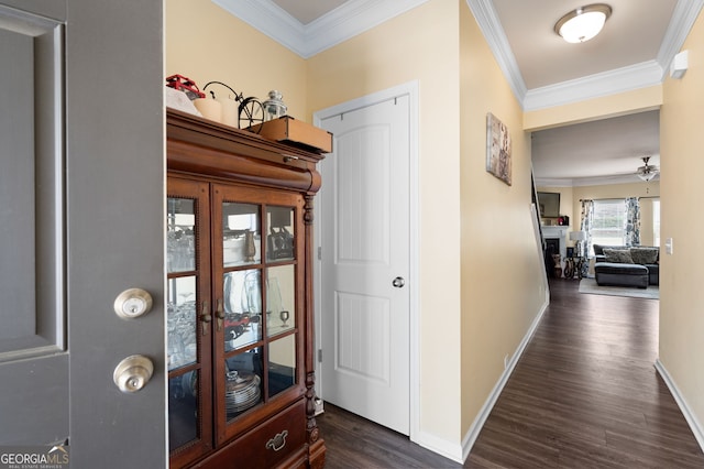 406 Crescent Woode Dr, Dallas, GA 30157 - hall featuring dark wood-type flooring, ornamental molding, and baseboards