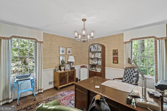 681 Hampton Pl SW, Marietta, GA 30064 - office area featuring an inviting chandelier, wainscoting, a healthy amount of sunlight, wood finished floors, and visible vents