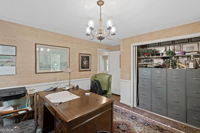 681 Hampton Pl SW, Marietta, GA 30064 - office area featuring crown molding, wainscoting, wood finished floors, a notable chandelier, and wallpapered walls