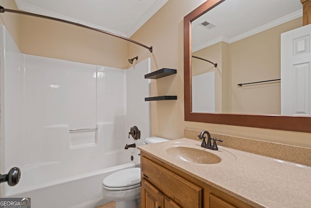 5755 Hendrix Rd, Cumming, GA 30040 - bathroom featuring toilet, crown molding, vanity, and  shower combination
