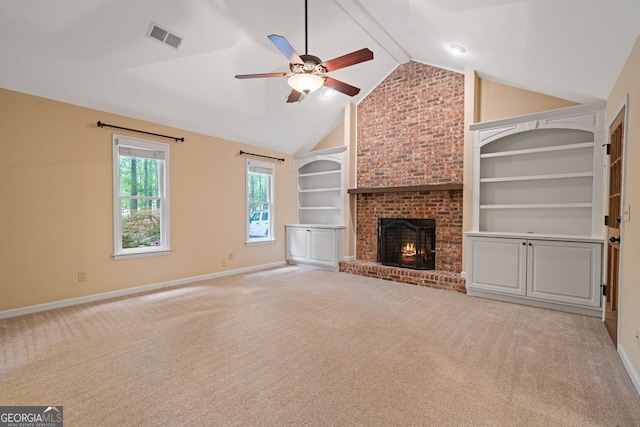 5755 Hendrix Rd, Cumming, GA 30040 - unfurnished living room with a ceiling fan, baseboards, light carpet, a brick fireplace, and beamed ceiling