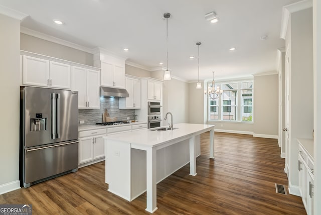 kitchen featuring decorative backsplash, visible vents, appliances with stainless steel finishes, a sink, and under cabinet range hood