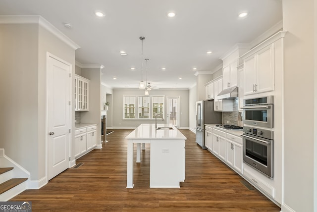 kitchen featuring a kitchen island with sink, crown molding, a sink, under cabinet range hood, and stainless steel appliances