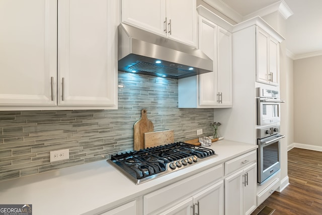 kitchen with under cabinet range hood, stainless steel appliances, ornamental molding, and white cabinetry