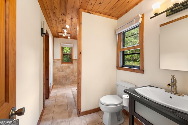 966 Wahoo Creek Rd, Murrayville, GA 30564 - bathroom featuring toilet, wooden ceiling, a healthy amount of sunlight, and tile patterned flooring