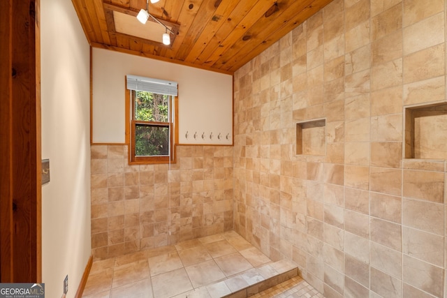 966 Wahoo Creek Rd, Murrayville, GA 30564 - bathroom with tile walls and wooden ceiling