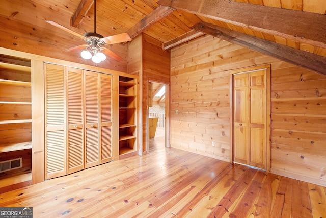 966 Wahoo Creek Rd, Murrayville, GA 30564 - unfurnished bedroom featuring wooden walls, lofted ceiling with beams, visible vents, wood ceiling, and hardwood / wood-style flooring
