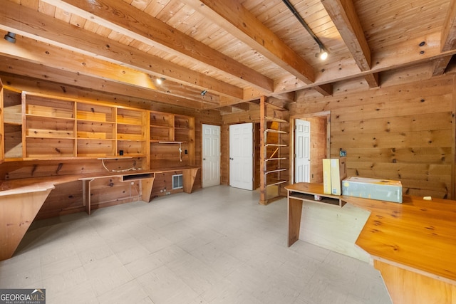 966 Wahoo Creek Rd, Murrayville, GA 30564 - unfurnished office featuring wooden walls, tile patterned floors, beamed ceiling, visible vents, and wood ceiling