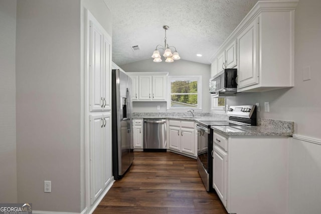 kitchen with vaulted ceiling, dark wood finished floors, a sink, stainless steel appliances, and white cabinetry