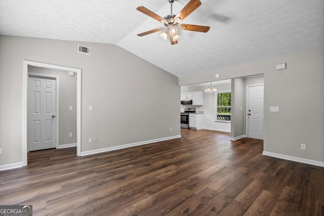 unfurnished living room with a textured ceiling, visible vents, dark wood finished floors, ceiling fan with notable chandelier, and lofted ceiling