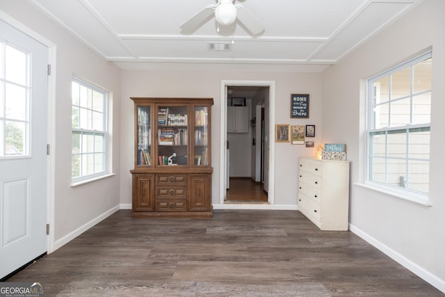 interior space featuring a ceiling fan, baseboards, visible vents, and dark wood-type flooring
