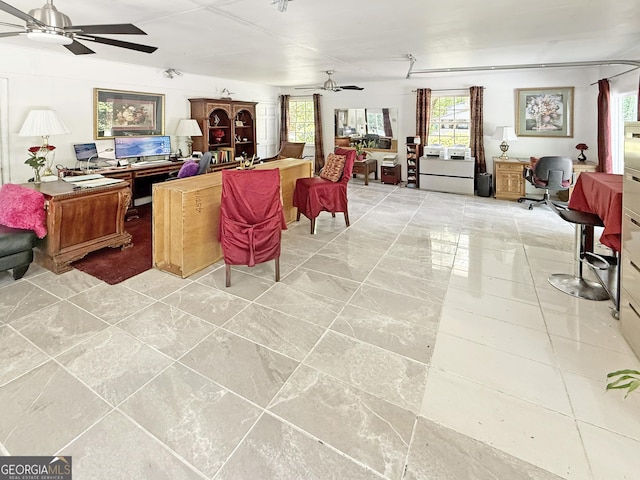 living room featuring a ceiling fan