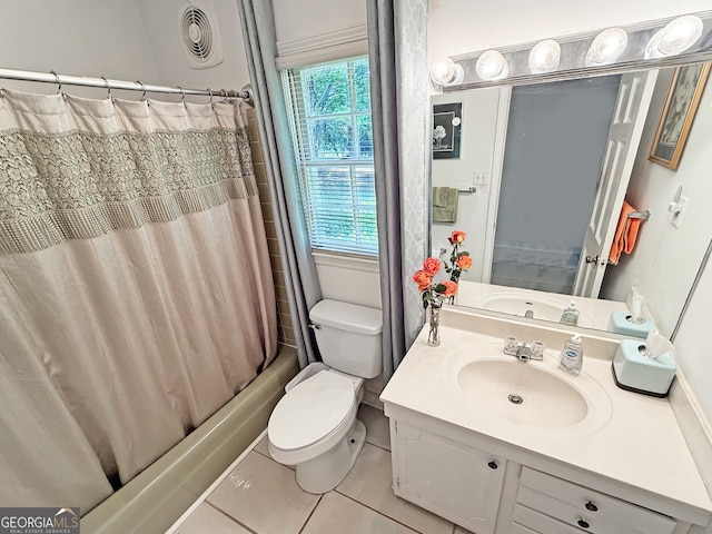 bathroom with vanity, toilet, tile patterned floors, shower / tub combo, and visible vents