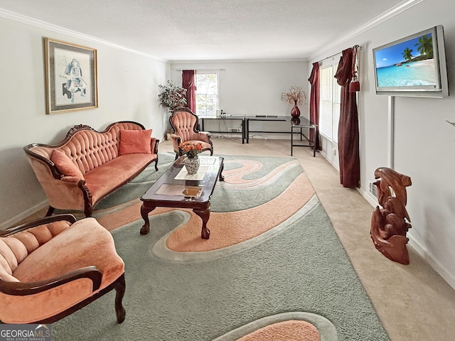 living area featuring crown molding, baseboards, and light carpet