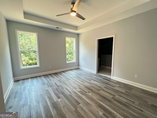 154 Pope Paul Path, Dallas, GA 30132 - unfurnished bedroom with multiple windows, a tray ceiling, baseboards, and dark wood-type flooring