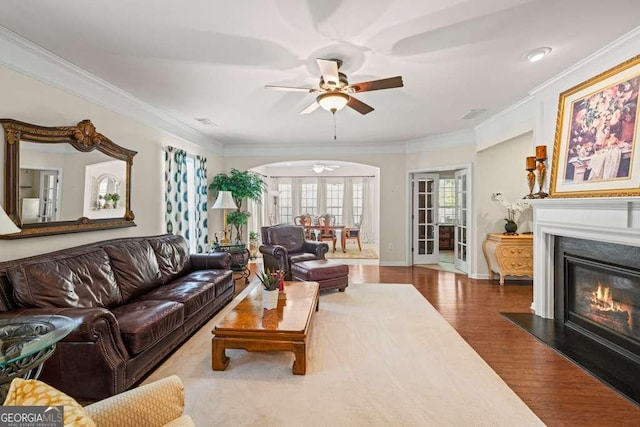 6408 Autumn Crest Ln, Hoschton, GA 30548 - living area with arched walkways, ceiling fan, crown molding, wood finished floors, and a glass covered fireplace