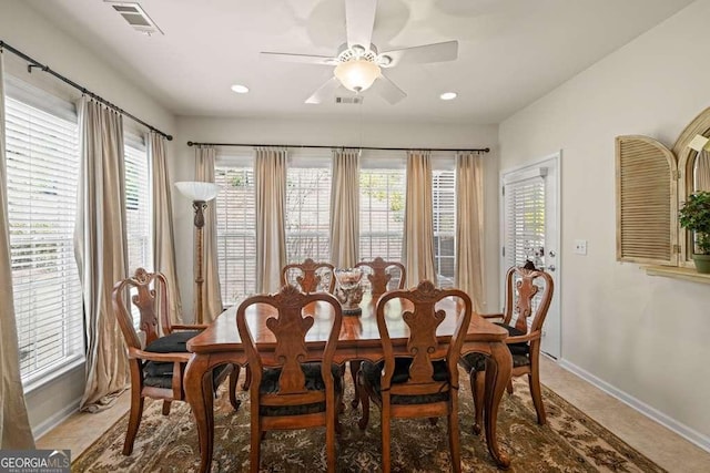6408 Autumn Crest Ln, Hoschton, GA 30548 - dining space featuring plenty of natural light, a ceiling fan, light tile patterned floors, recessed lighting, and baseboards